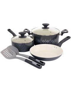 Spice by Tia Mowry Savory Saffron 7 Piece Ceramic Nonstick Aluminum Cookware Set with Nylon Utensils in Grey