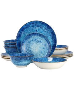 Elama Oceanus 16 Piece Porcelain Double Bowl Dinnerware Set in Blue