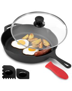 MegaChef 12 Inch Pre-Seasoned Cast Iron Skillet with Tempered Glass Lid