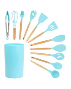 MegaChef Light Teal Silicone and Wood Cooking Utensils, Set of 12